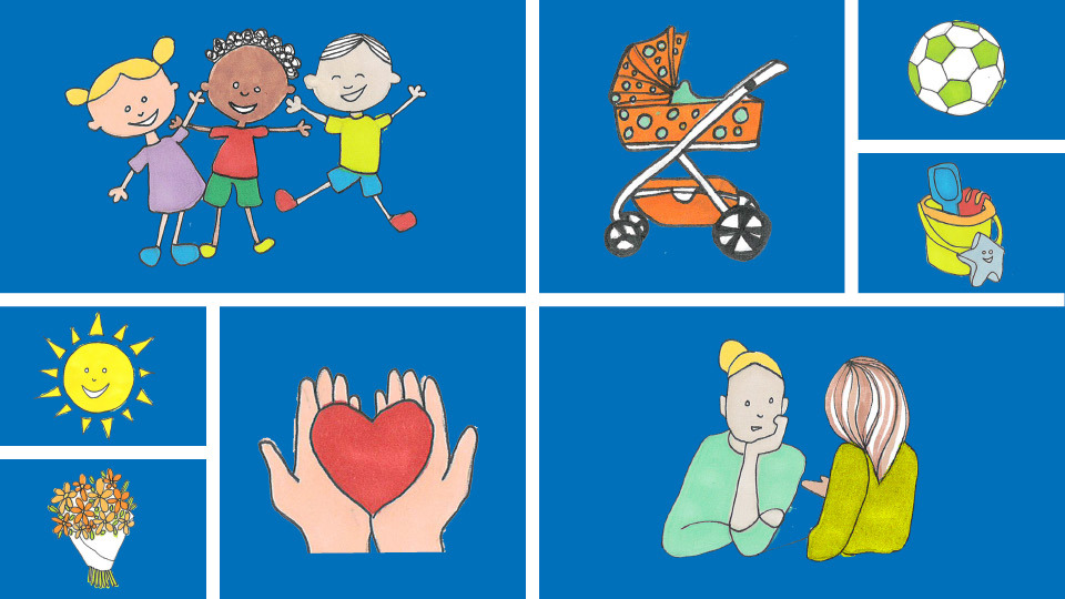 Illustrationer på barn, sol, blommor, hand som håller ett hjärta, fotboll, samtal, barnvagn och hink med spade.