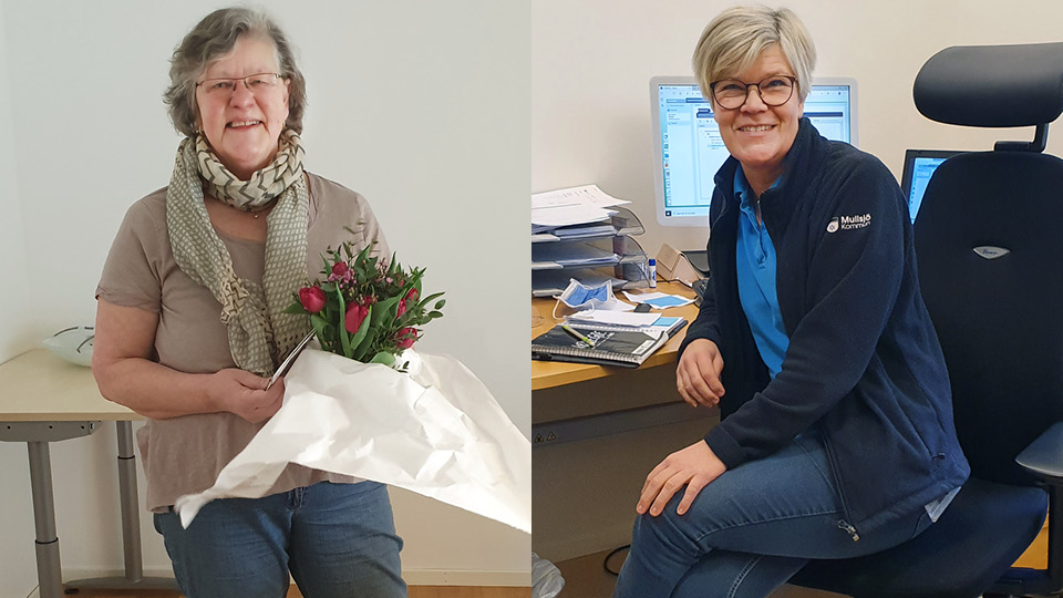 En glad Astrid Wåhlin med tulpanbukett i handen och Annika Elf sitter glad i en kontorsstol