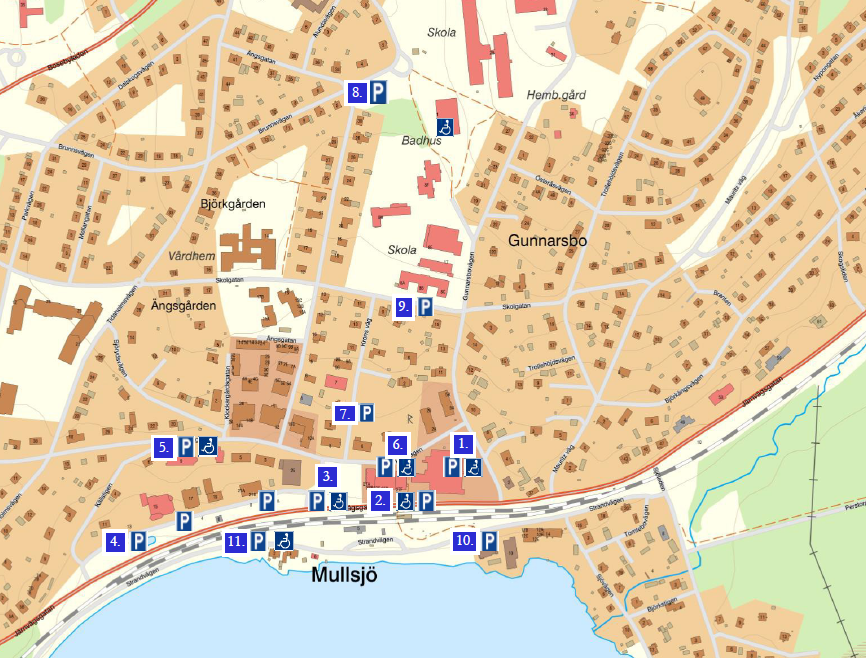 Kartbild över parkeringsplaster i Mullsjö