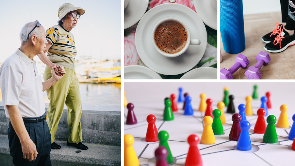 Collage med äldre människor, brädspel, kaffe och träningsredskap