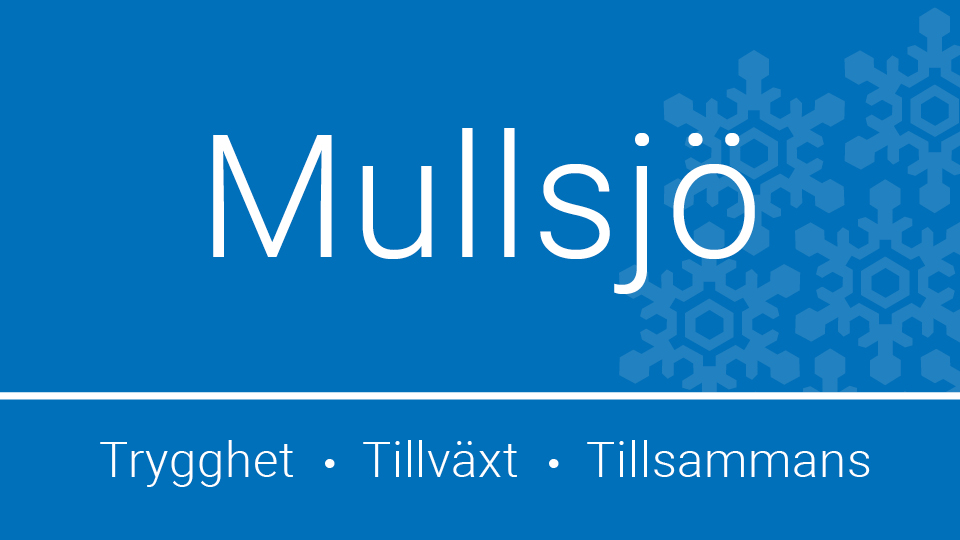 Blå bakgrund vid vita snöstjärnor och texten Mullsjö - Trygghet, Tillväxt, Tillsammans