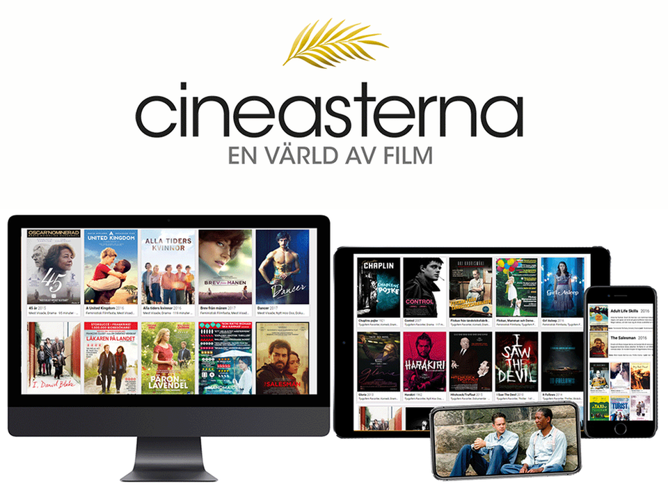 Bild på dataskärm, surfplatta och mobiltelefoner som visar filmtjänsten Cineasterna.