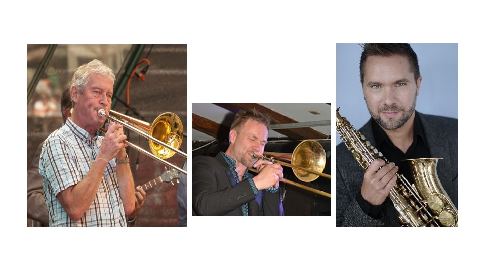 Bandmedlemmar i Hans Ingelstams Jubileumsorkester med instrument, trombon och saxofon