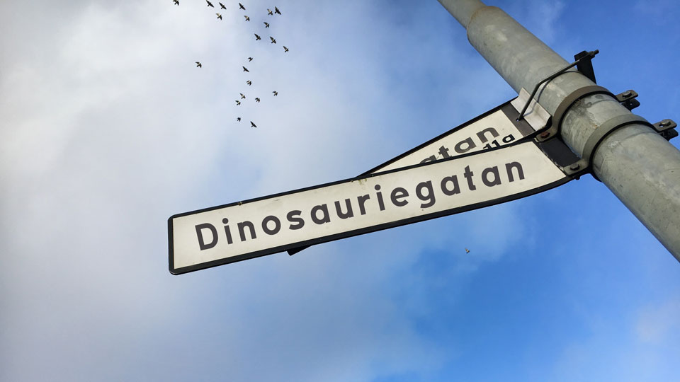 Gatuskylt Dinosauriegatan med blå himmel  bakgrunden