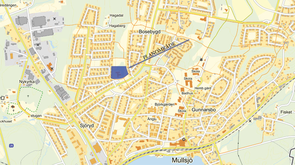 Karta över planområde, nordvästra delen av Mullsjö tätort, vid Tallkottens förskola.