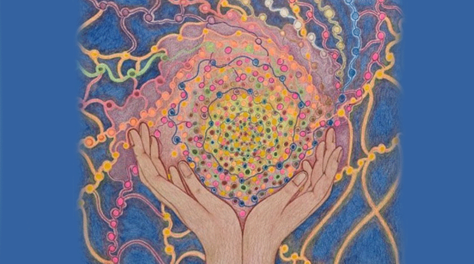Illustration av händer som håller i ett mönster av olika färger och trådar, Lotta Bynert