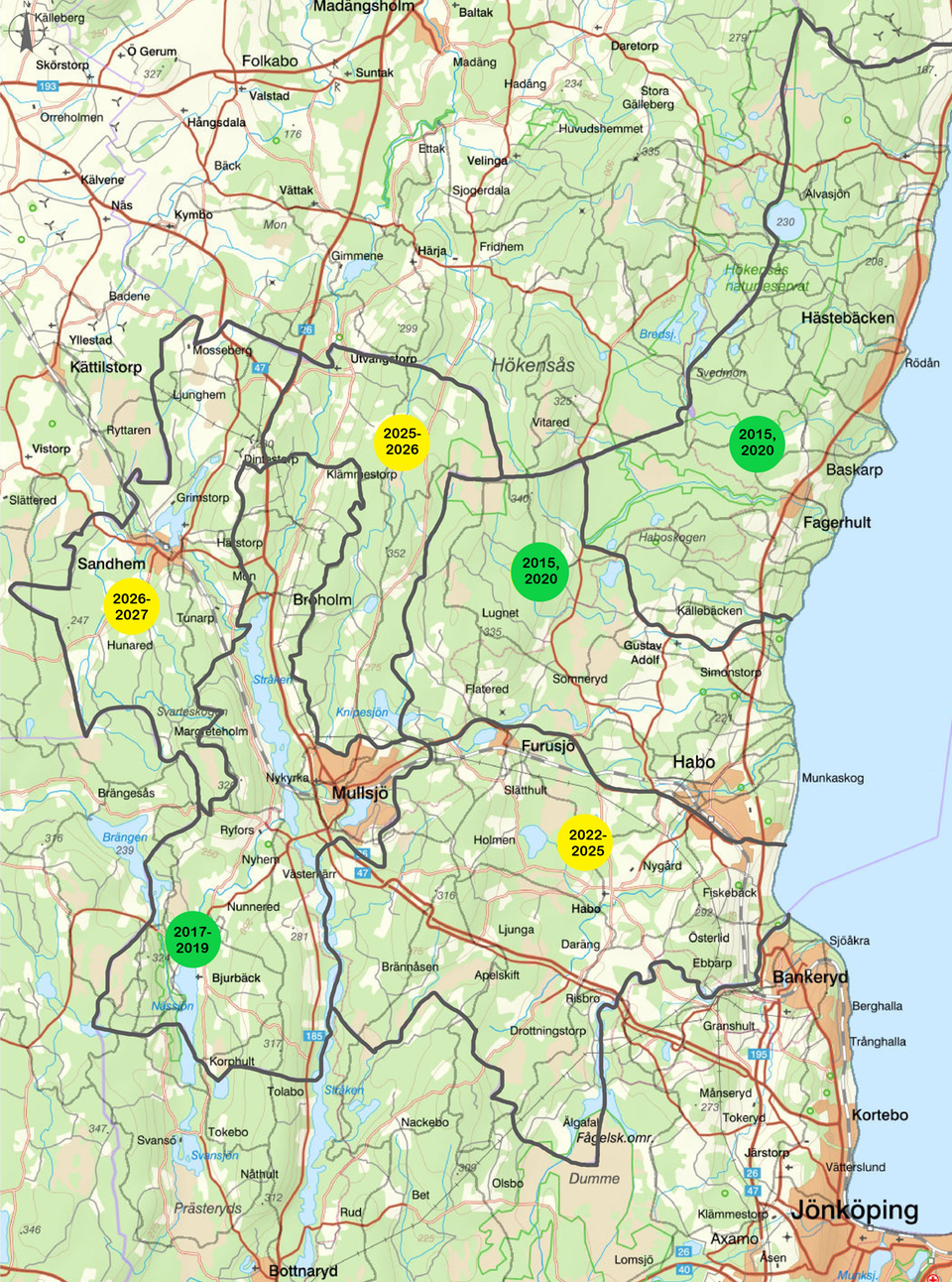 Kartbilden visar vilket år och i vilket område tillsyn av enskilda avlopp är planerad.
