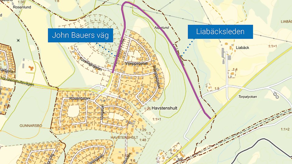 Kartbild över asfalteringssträckan Liabäcksleden och John bauers väg