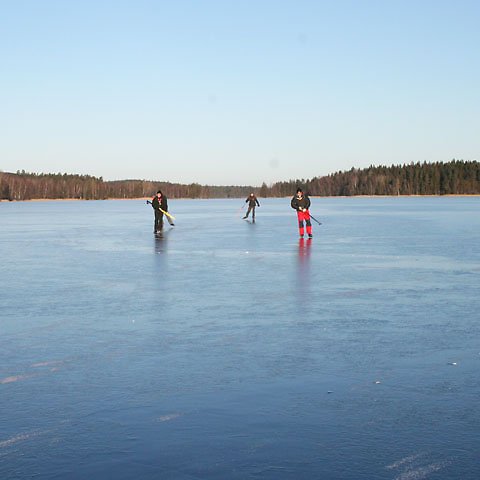 Tre män på långfärdsskridskor på is