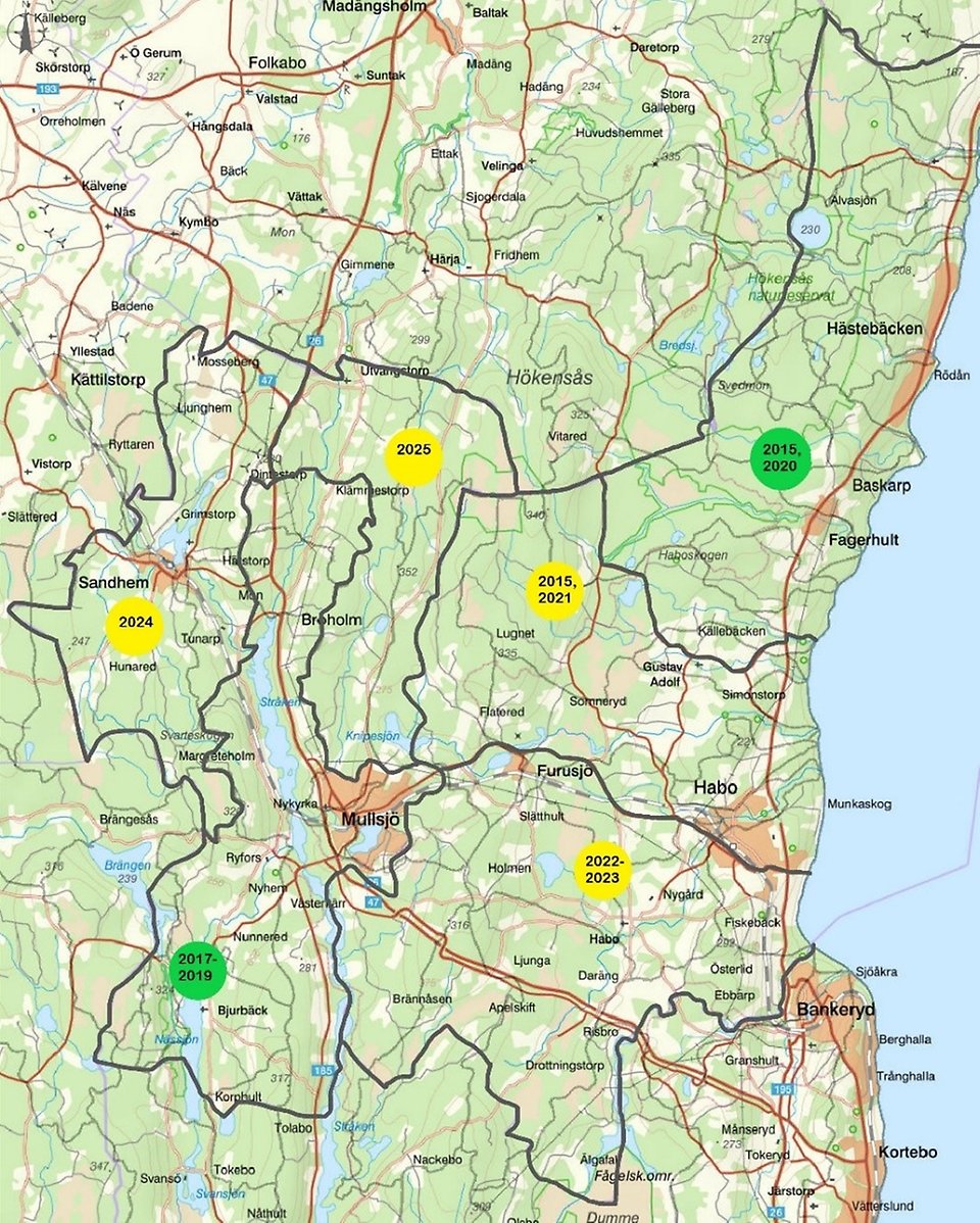 Kartbilden
visar vilket år och i vilket område tillsynen av enskilda avlopp är planerad
att utföras. 